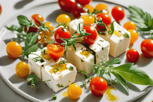 Kräuter-marinierte Feta in Olivenöl mit Knoblauch und Zitrone