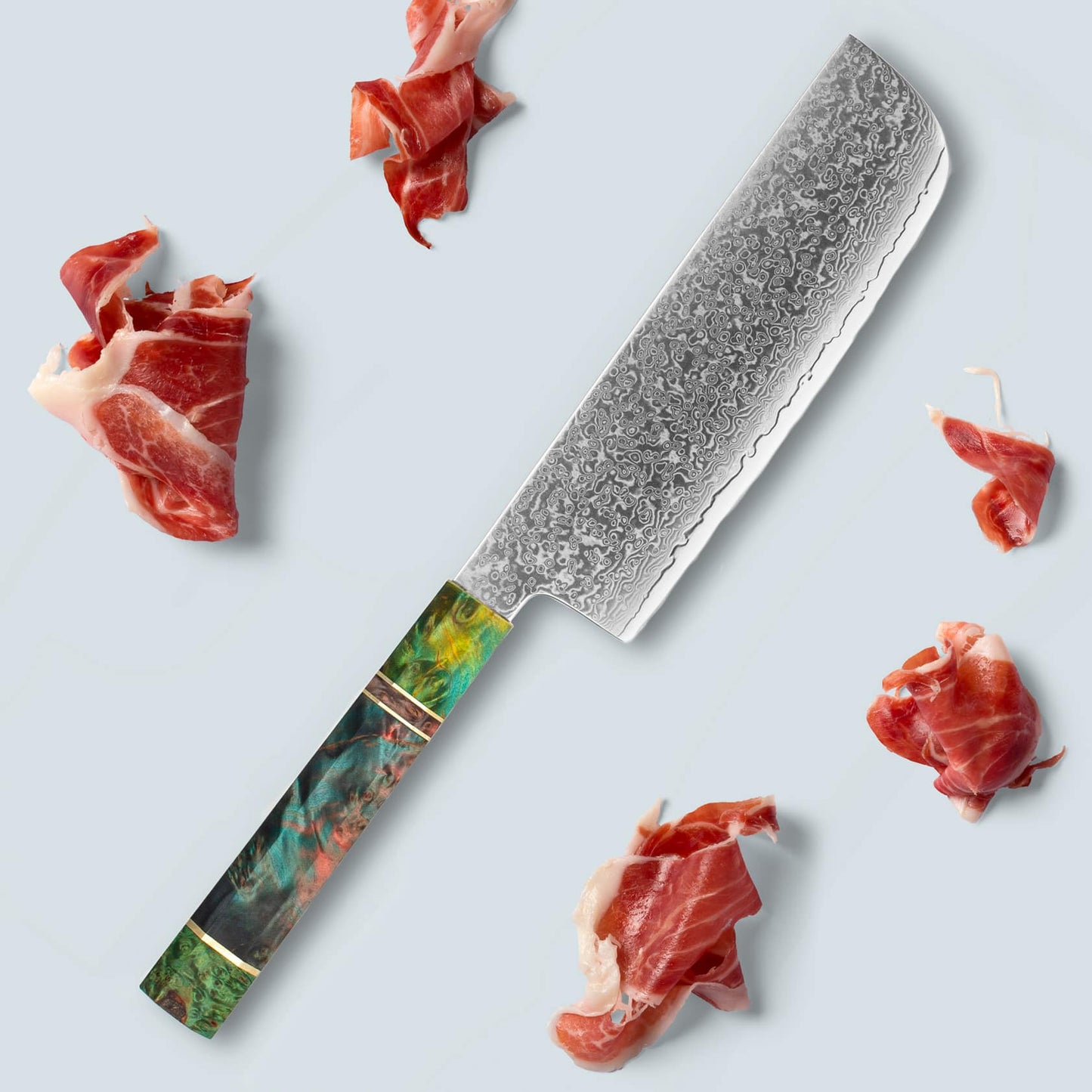 Ichika (いちか) Damaskus -Stahlmesser mit farbig achteckigem Griff