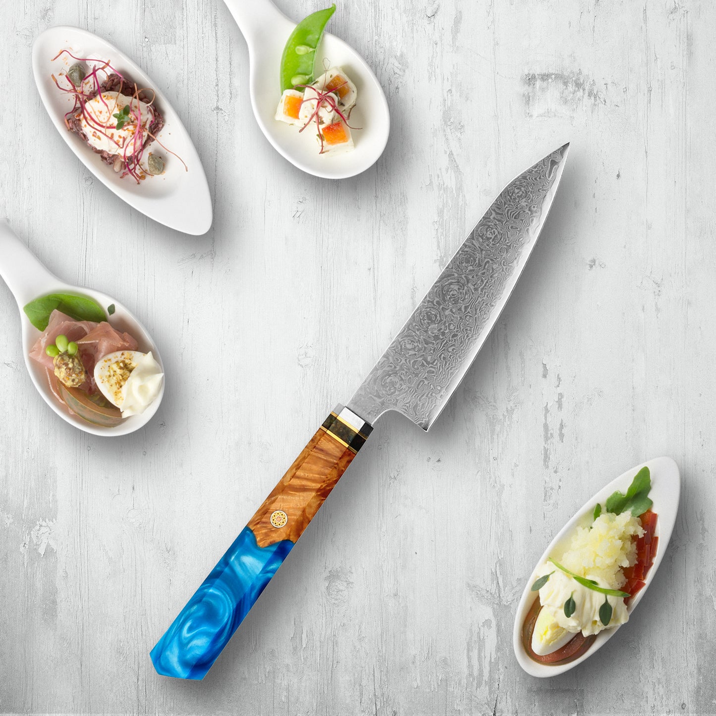 Makito Damaskus Stahlmesser mit farbigem Blauharzgriff