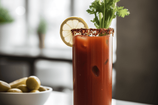 Würziger klassischer Bloody Mary Cocktail mit Sellerie Salzrand und Gurkengarnitur