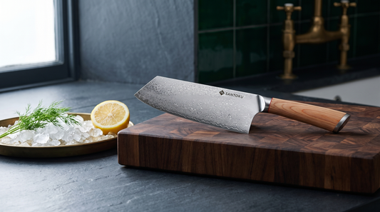 A Japanese Damascus nakiri cleaver on an end-grain chopping board beside a steel tray of crushed ice, dill and a halved lemon
