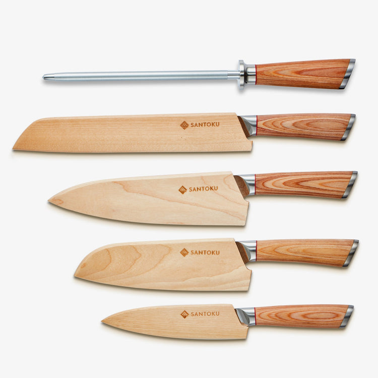 Haruta 5-teiliges Küchenmesserset aus japanischem VG10-Damaststahl mit Holzgriffen und Scheiden