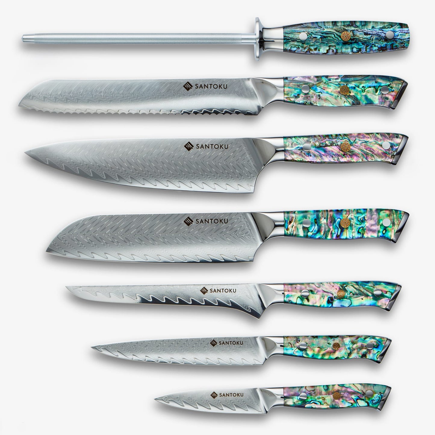Chikashi (ちかし) Damaskus -Stahlmesser mit Abalone Griff