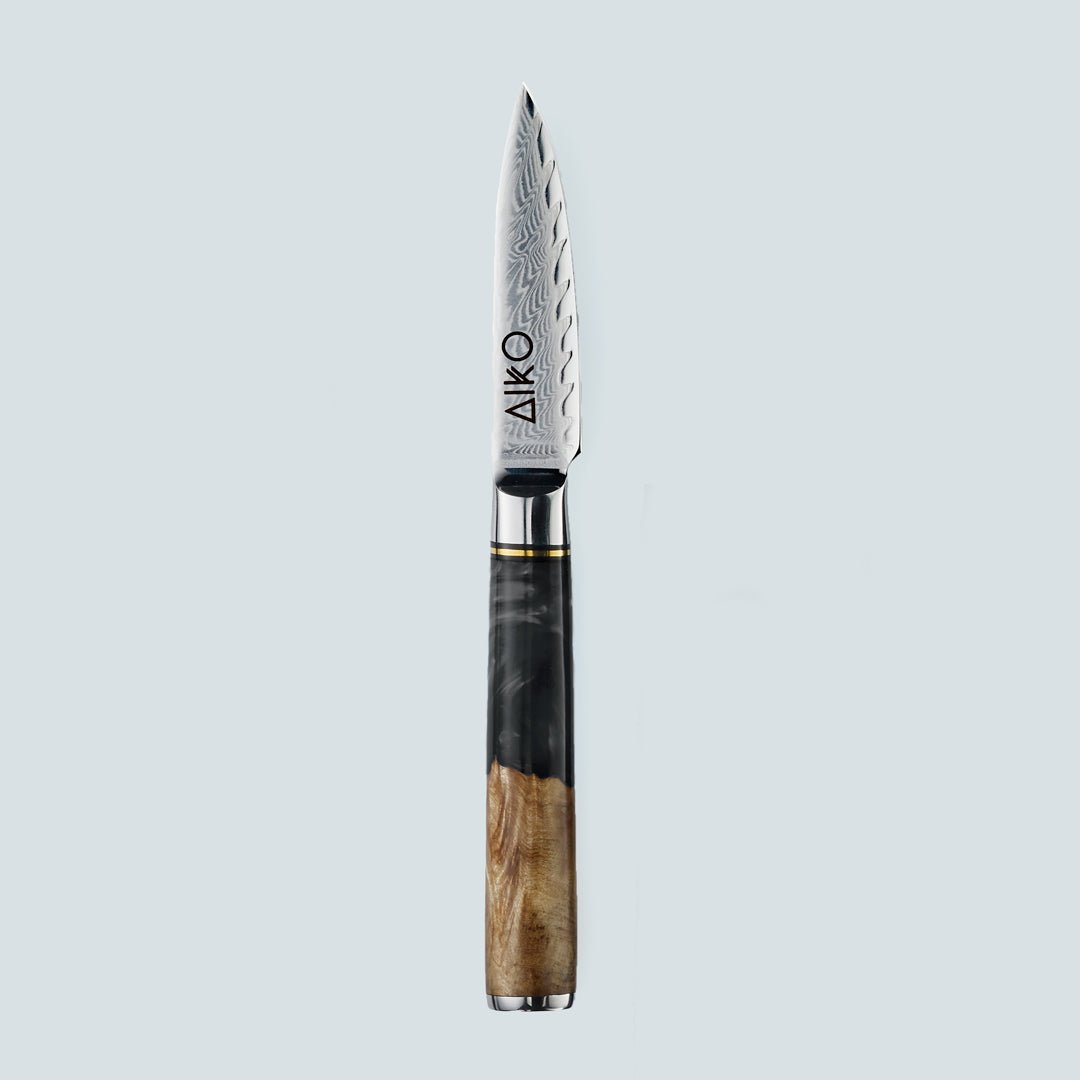 Aiko Black (あいこ, アイコ) Damaskus -Stahlmesser mit farbigem schwarzem Harzgriff