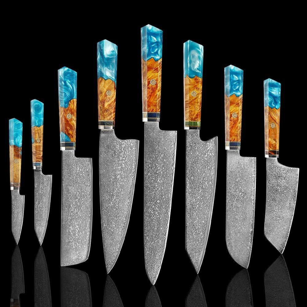 Makito Damaskus Stahlmesser mit farbigem blauem Harzgriff