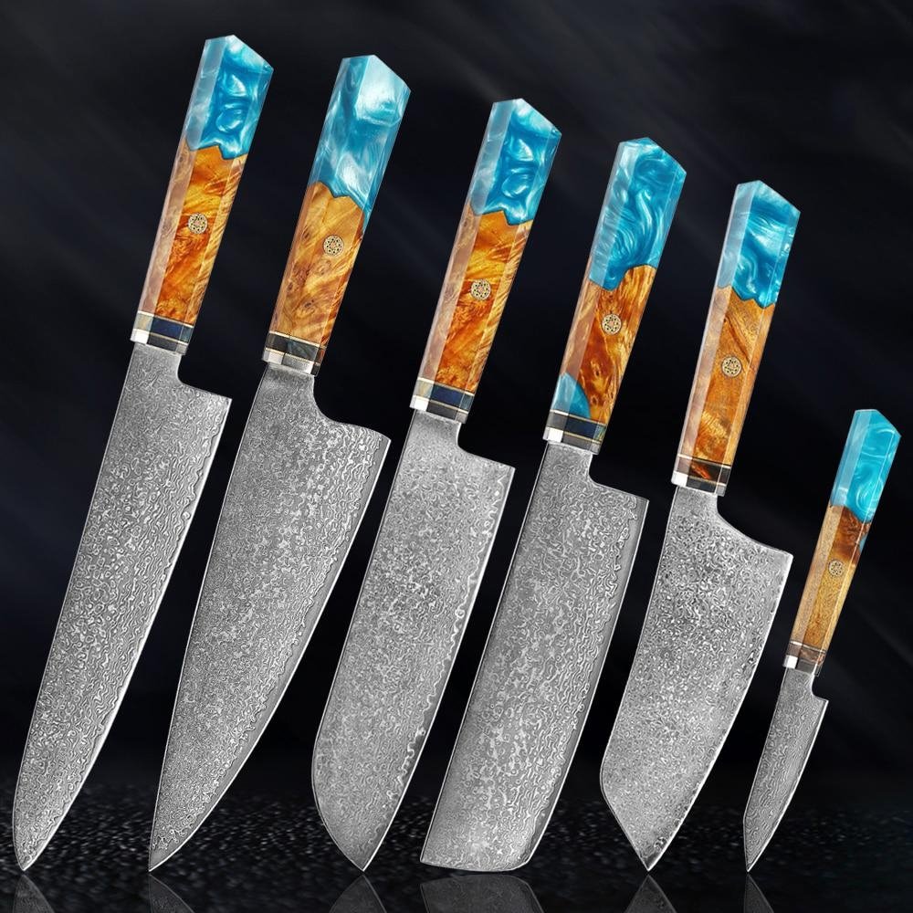Makito Damaskus Stahlmesser mit farbigem Blauharzgriff