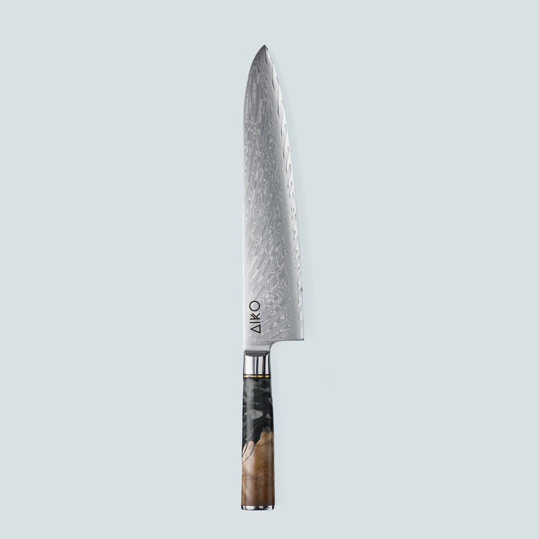 Aiko Black (あいこ, アイコ) Damaskus -Stahlmesser mit farbigem schwarzem Harzgriff