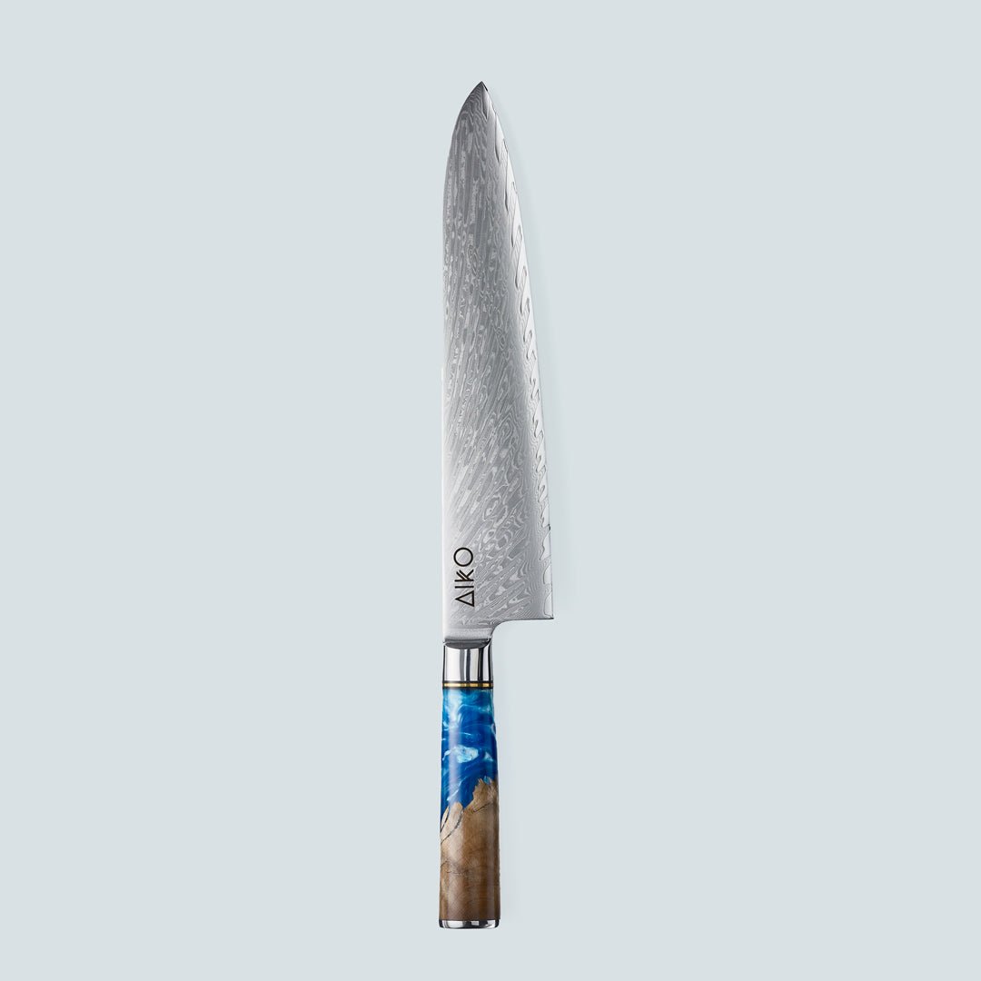 Aiko Blue (あいこ, アイコ) Damaskus -Stahlmesser mit farbigem Blauharzgriff