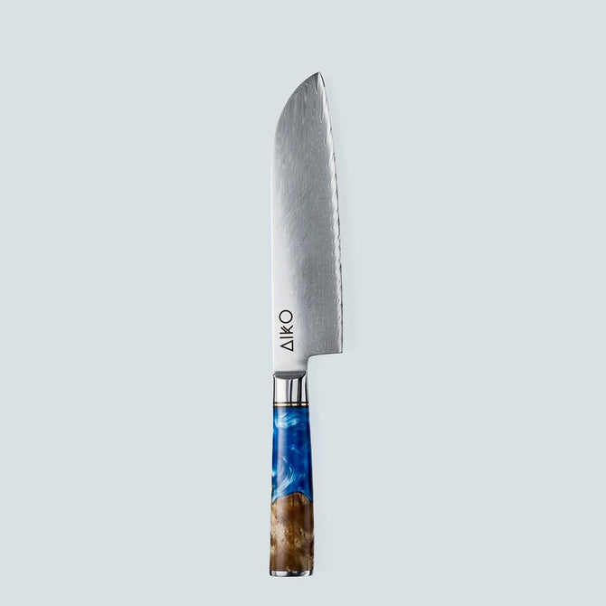 Aiko-Messer aus blauem Damaststahl mit farbigem blauem Harzgriff