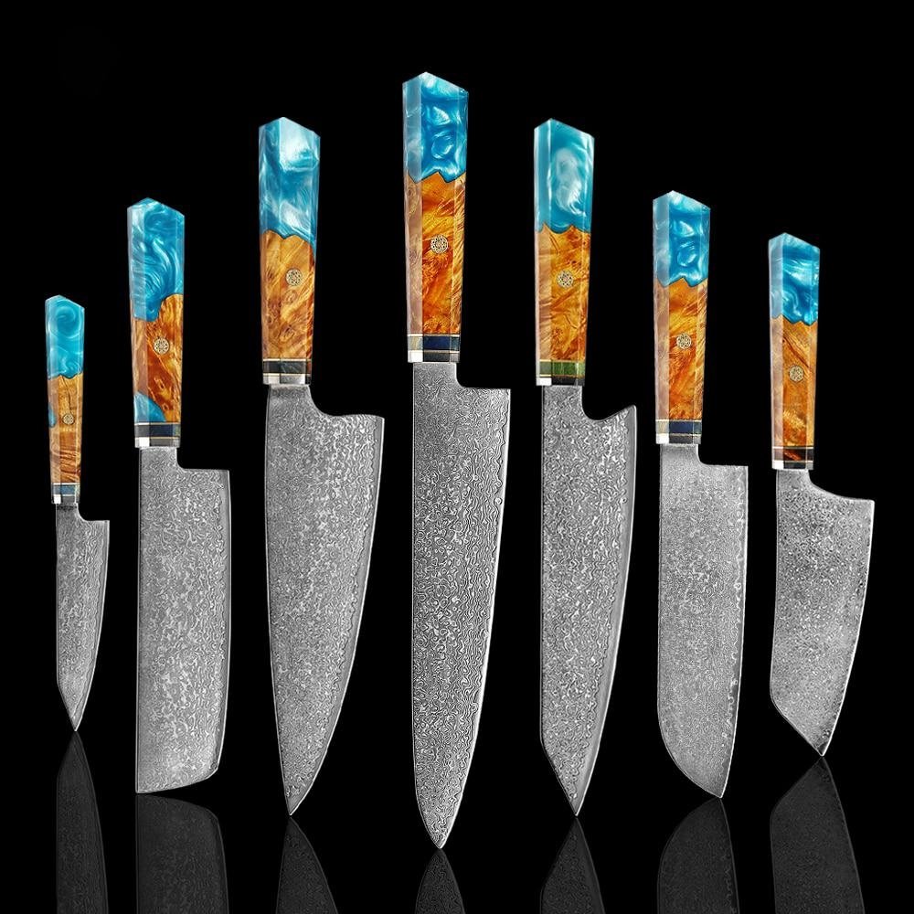 Makito Damaskus Stahlmesser mit farbigem blauem Harzgriff