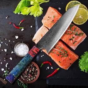 Kiritsuke-Damaststahlmesser mit farbigem Ebenholzgriff